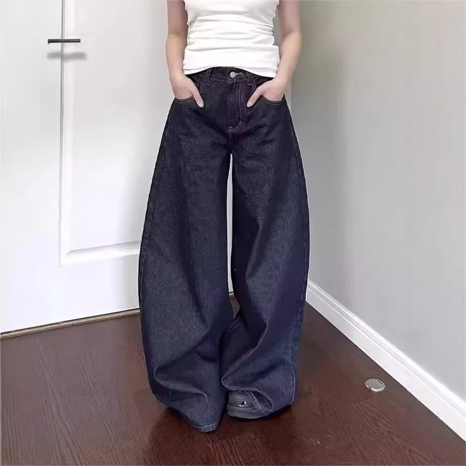 Vintage Deep Blue Wide Leg Jeans Women Design Loose Straight Tapered Long Pants