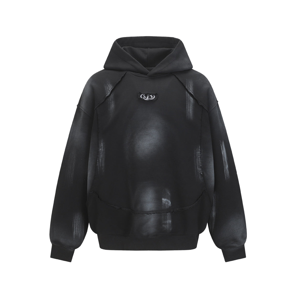 Hairy edge washed and spray dyed hoodie