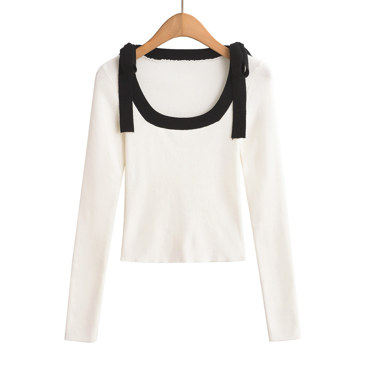 Square neck slim fit butterfly bow ribbon sweater