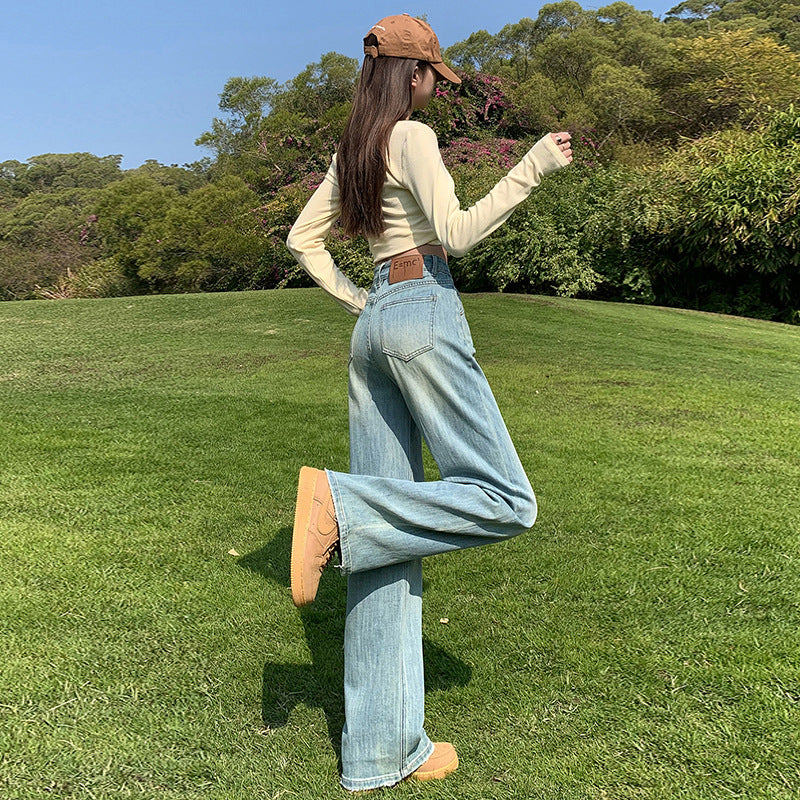 Women's Narrow Straight Leg Jeans Summer New High-Waist Elastic Wide-Leg Floor-Length Pants