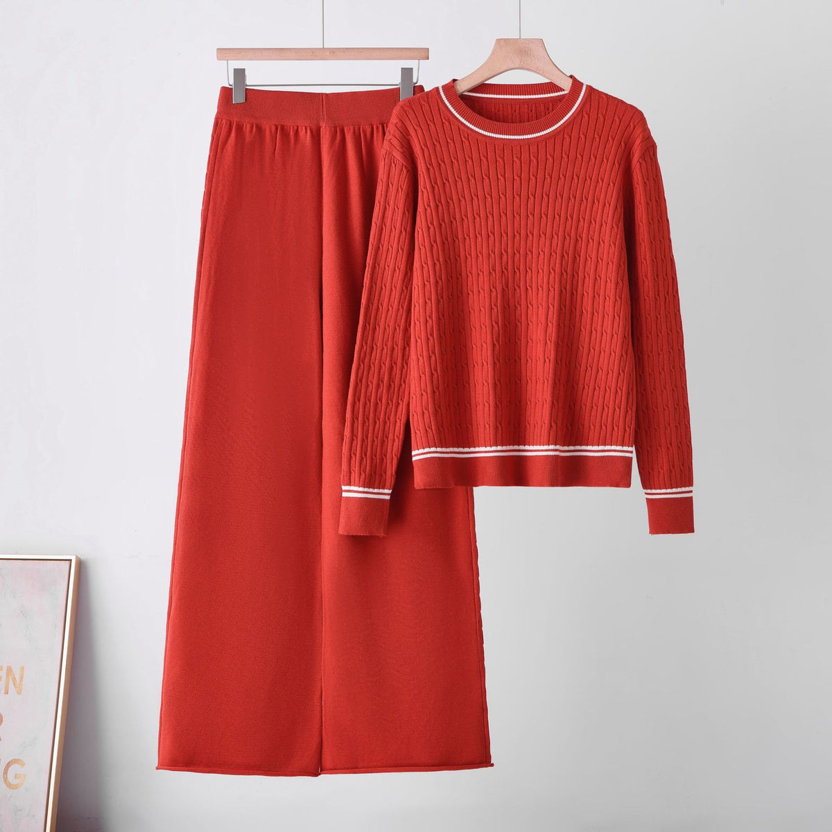 Chic Knit Two-Piece Set with Cable Knit Sweater, Round Neck, Long Sleeve Knit Top