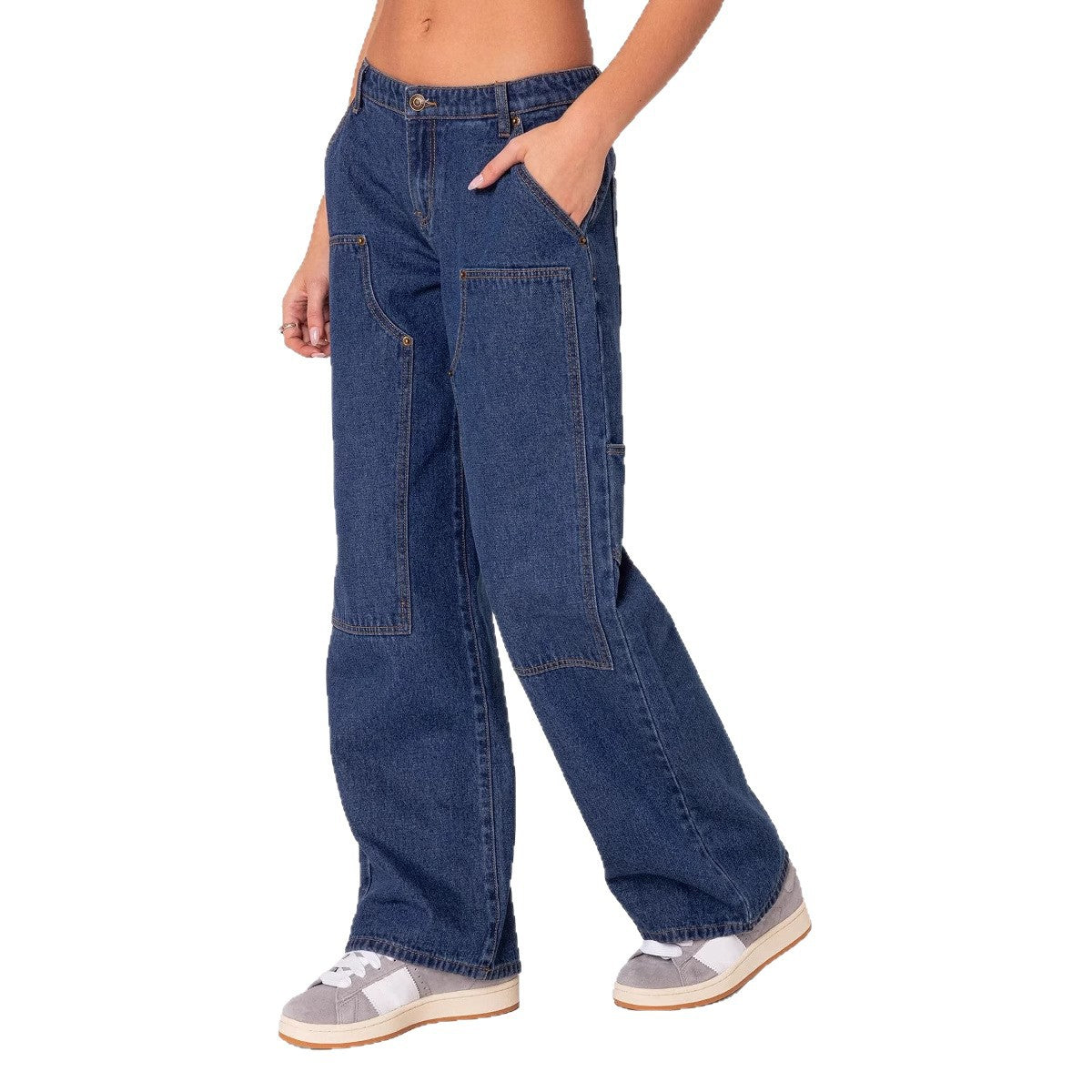 loose wide-leg oversized unique women's rivet double-knee flared cargo jeans casual straight-leg pants