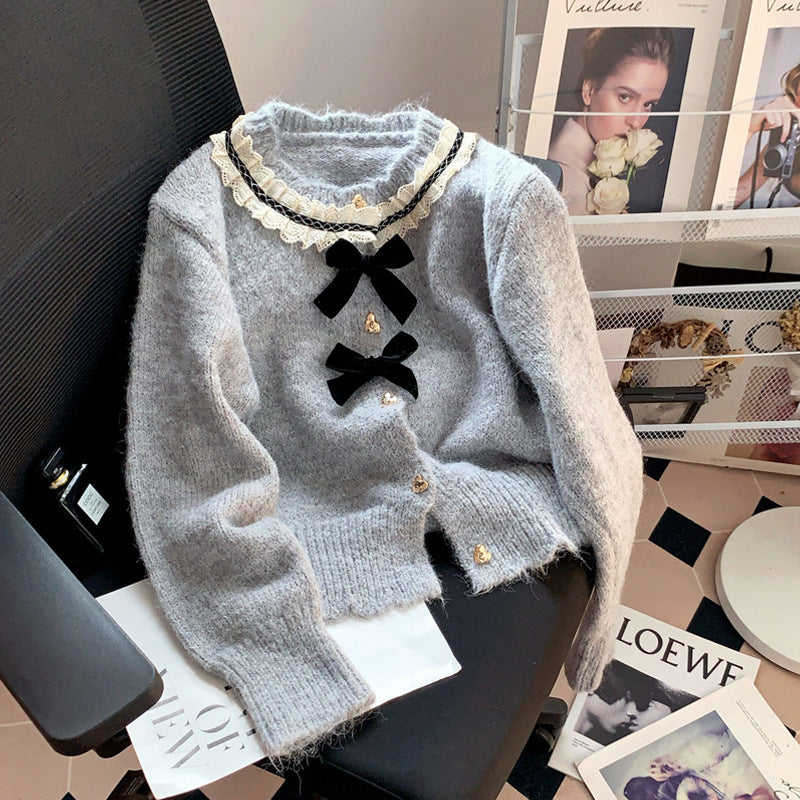 Chic Bow Soft Knit Cardigan Coat for Women, Spring and Autumn Round Neck Floral Top