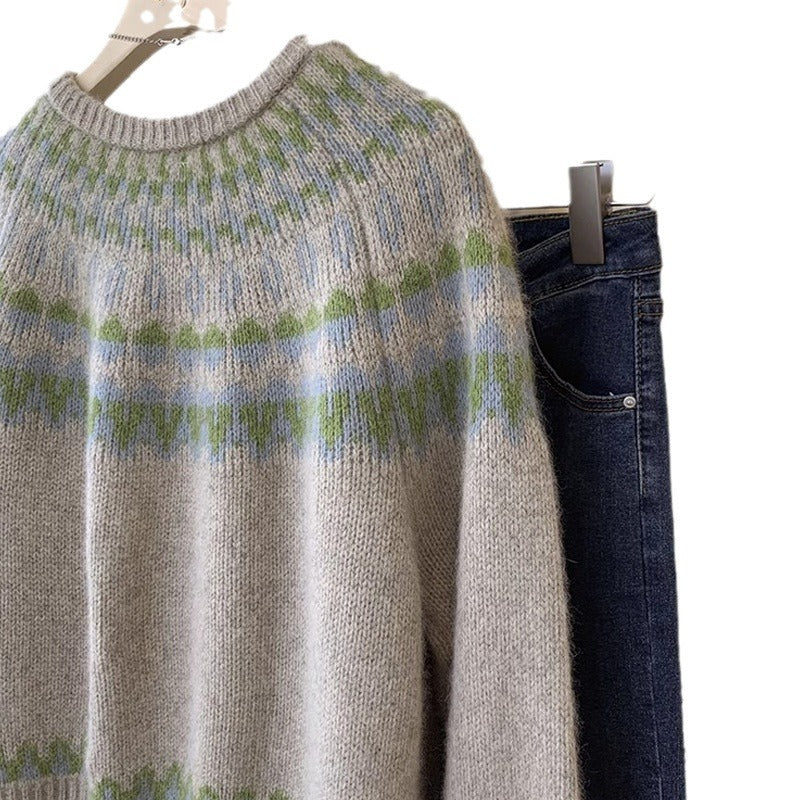 Raccoon Fur Fair Isle Christmas Knit Cardigan for Women, Spring and Autumn, Thickened Design, Unique Lazy Style Knit Outerwear