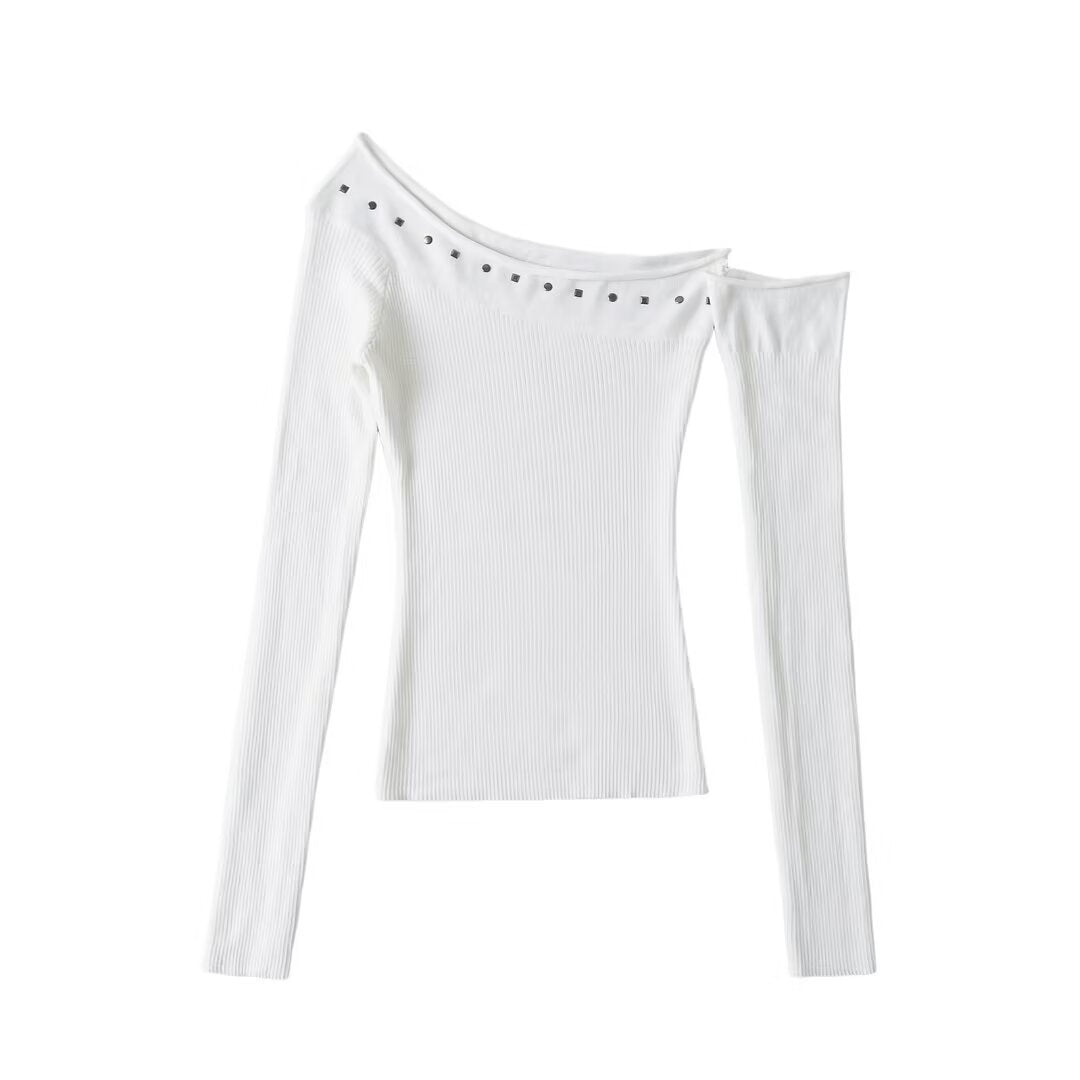 Solid color off shoulder top with sloping shoulders