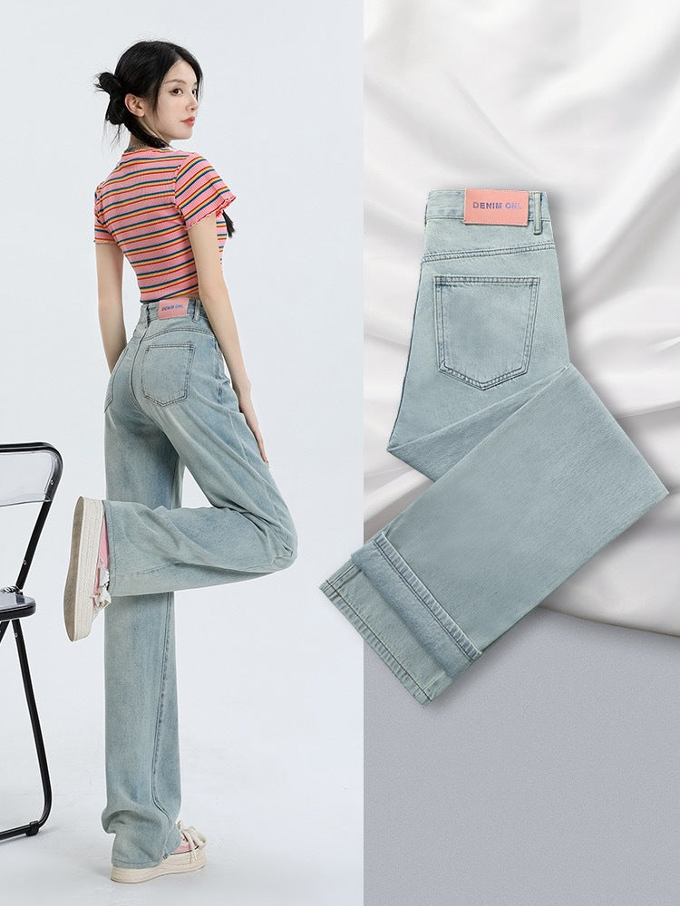 White Denim Pants Women High Waist Slim Straight Loose Tall Floor-Length Wide Leg Trousers