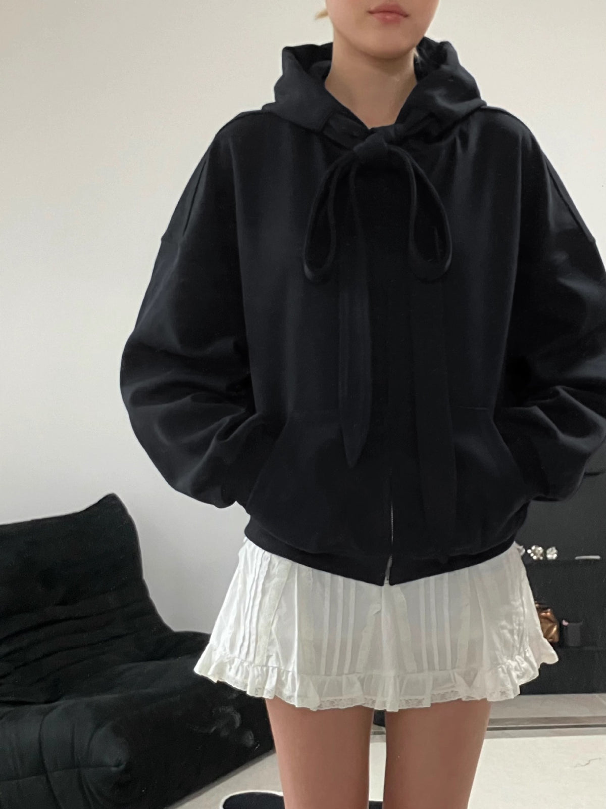 Style Tie-Bow Hooded Zip-Up Sweatshirt for Women, Casual Loose Outerwear