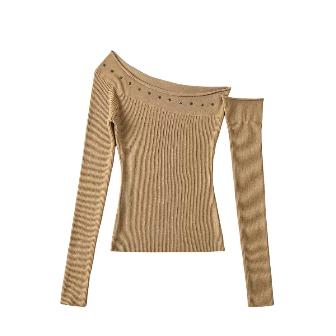 Solid color off shoulder top with sloping shoulders