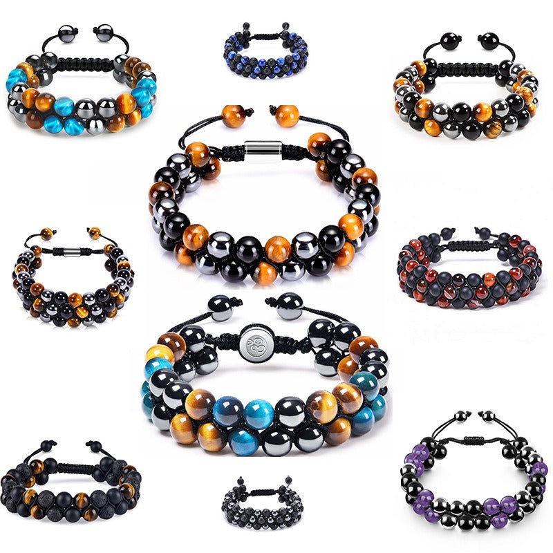 Bracelet Homme Yoga | Oeil de Tigre & Agate Noire | Magnétique Ajustable
