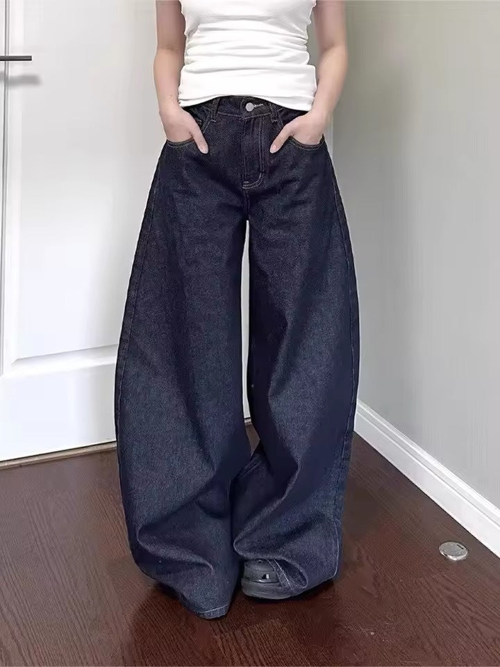 Vintage Deep Blue Wide Leg Jeans Women  Design Loose Straight Tapered Long Pants