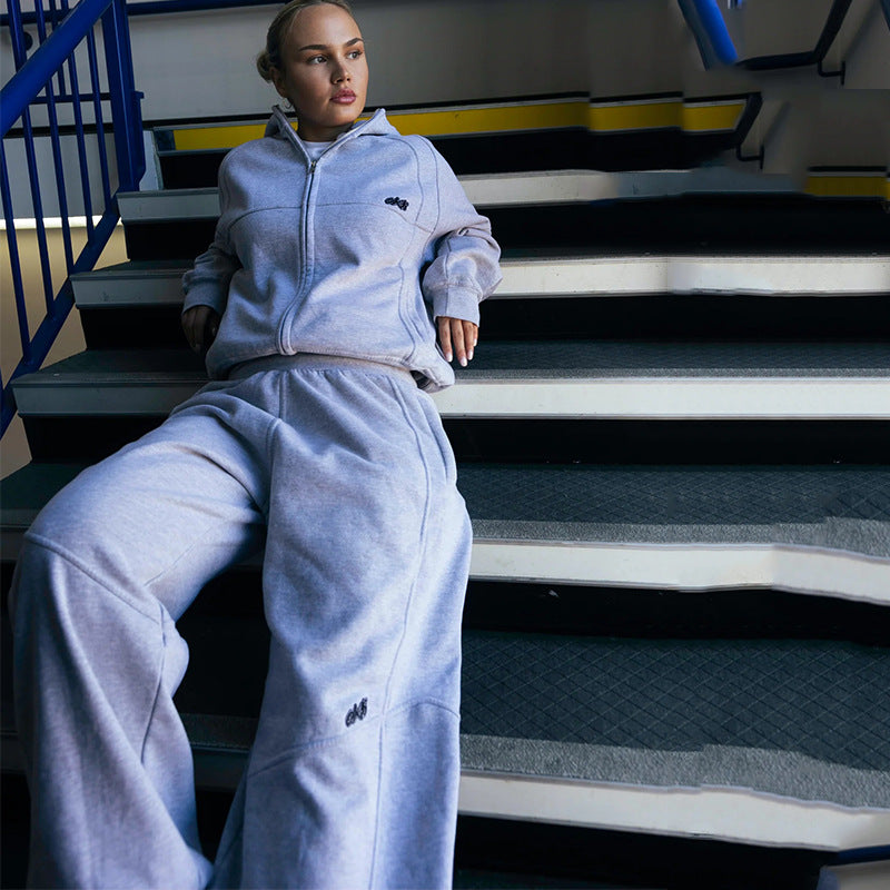 Streetwear Fashion Unisex Hooded Zip-Up Sweatshirt and Loose Straight Casual Sports Pants