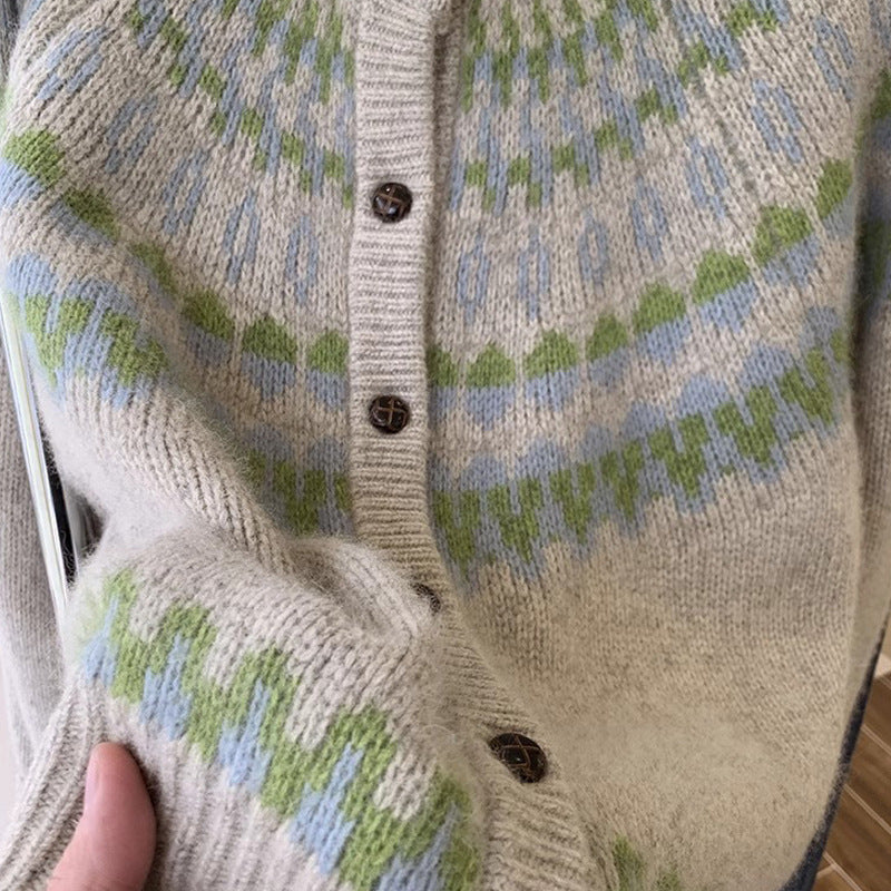 Raccoon Fur Fair Isle Christmas Knit Cardigan for Women, Spring and Autumn, Thickened Design, Unique Lazy Style Knit Outerwear