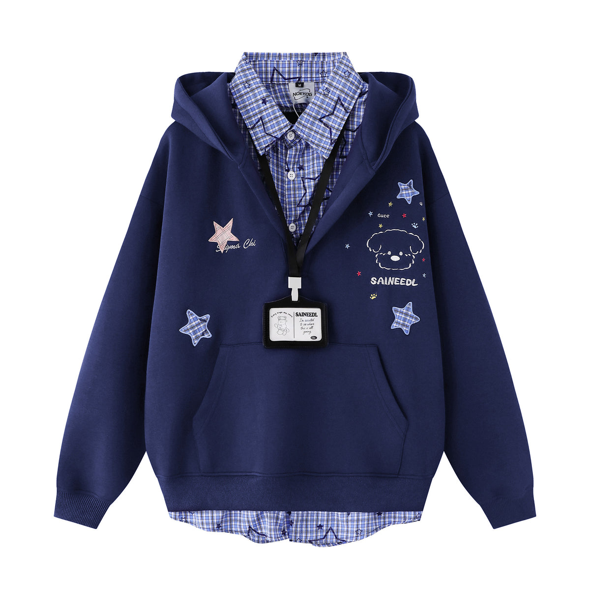 Embroidery Plaid Patchwork Mock Two-Piece Loose Versatile Polo Neck Sweatshirt