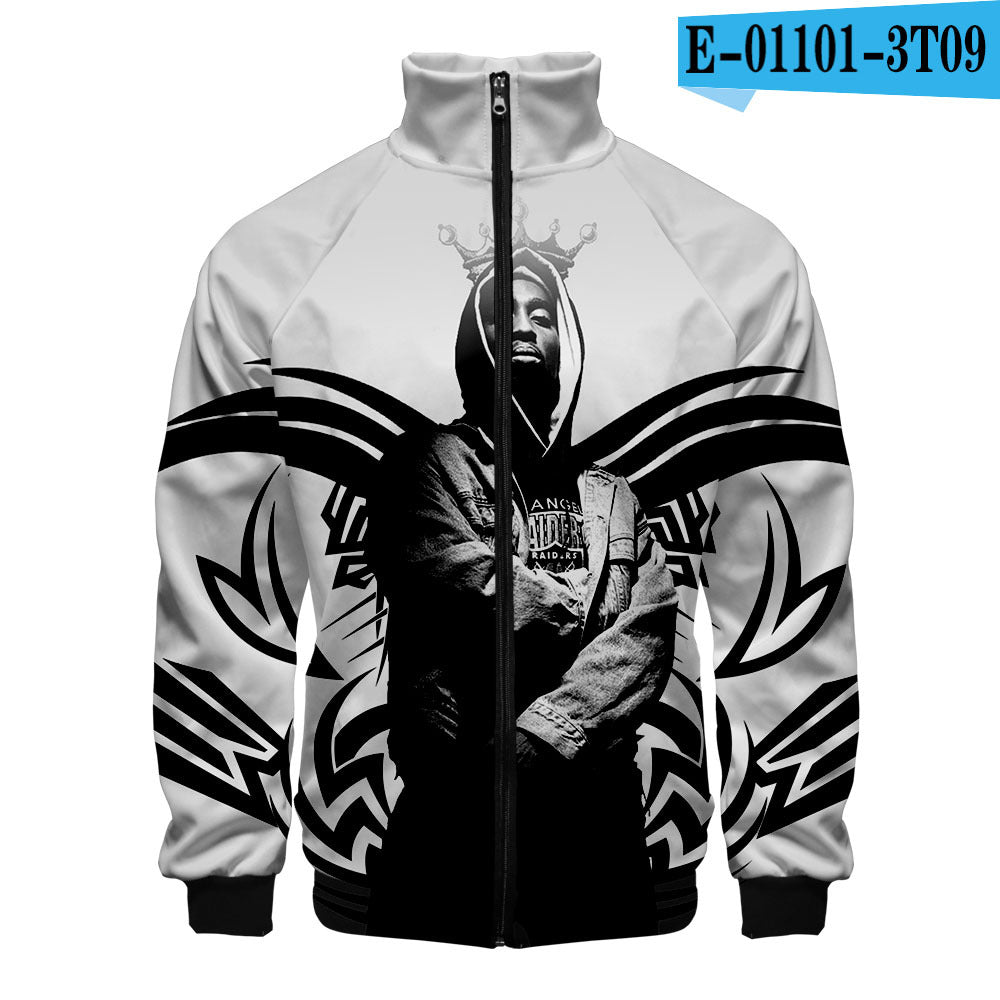 Rap singer 2PAC peripheral 3D color printed casual stand up collar sweatshirt
