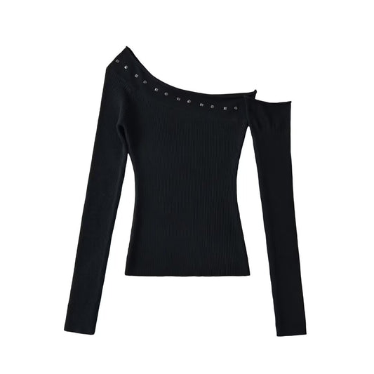 Solid color off shoulder top with sloping shoulders