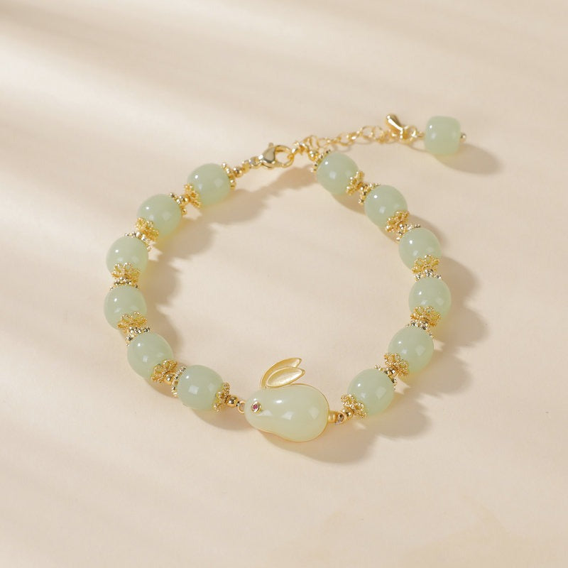 Bracelet Perles Jade Imitation | Lapin Rouge Agate Personnalisé | Bijou Femme