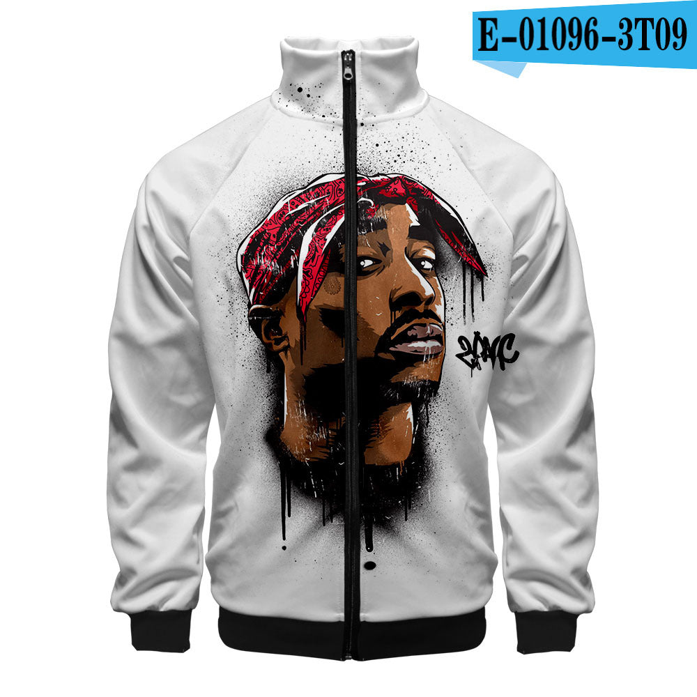 Rap singer 2PAC peripheral 3D color printed casual stand up collar sweatshirt