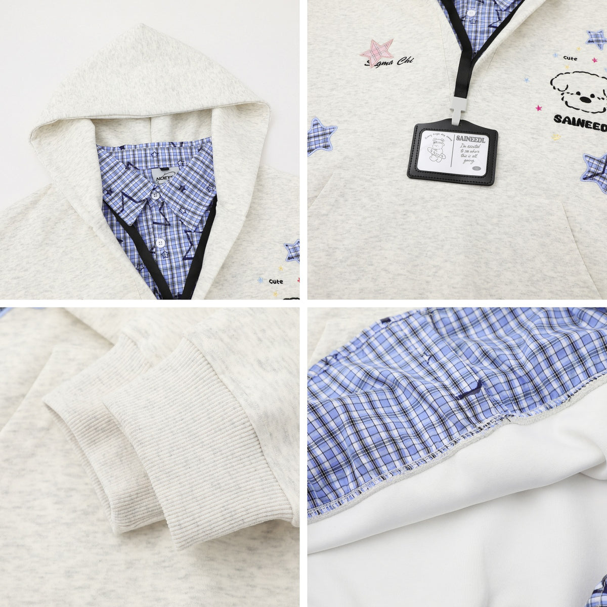 Embroidery Plaid Patchwork Mock Two-Piece Loose Versatile Polo Neck Sweatshirt