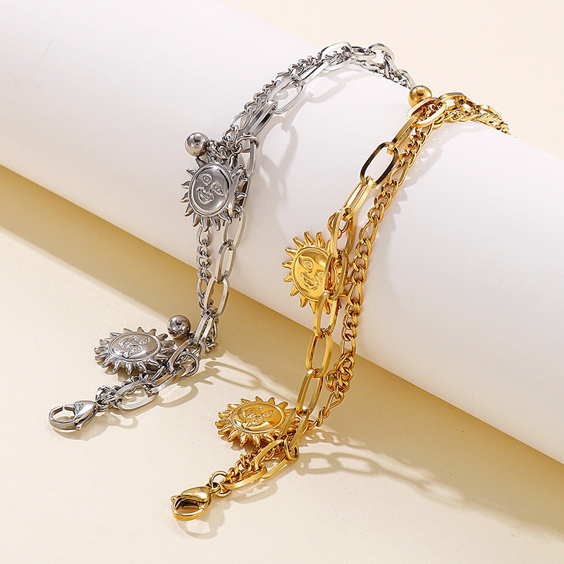 Fashion Bracelet ins Double Titanium Steel Bracelet Cold Style Men's and Women's Sun Pendant Bracelet