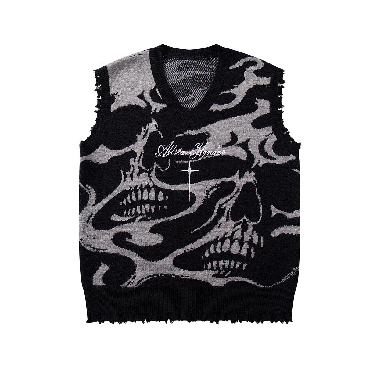 Dark skull cuts through sweater vest V-neck