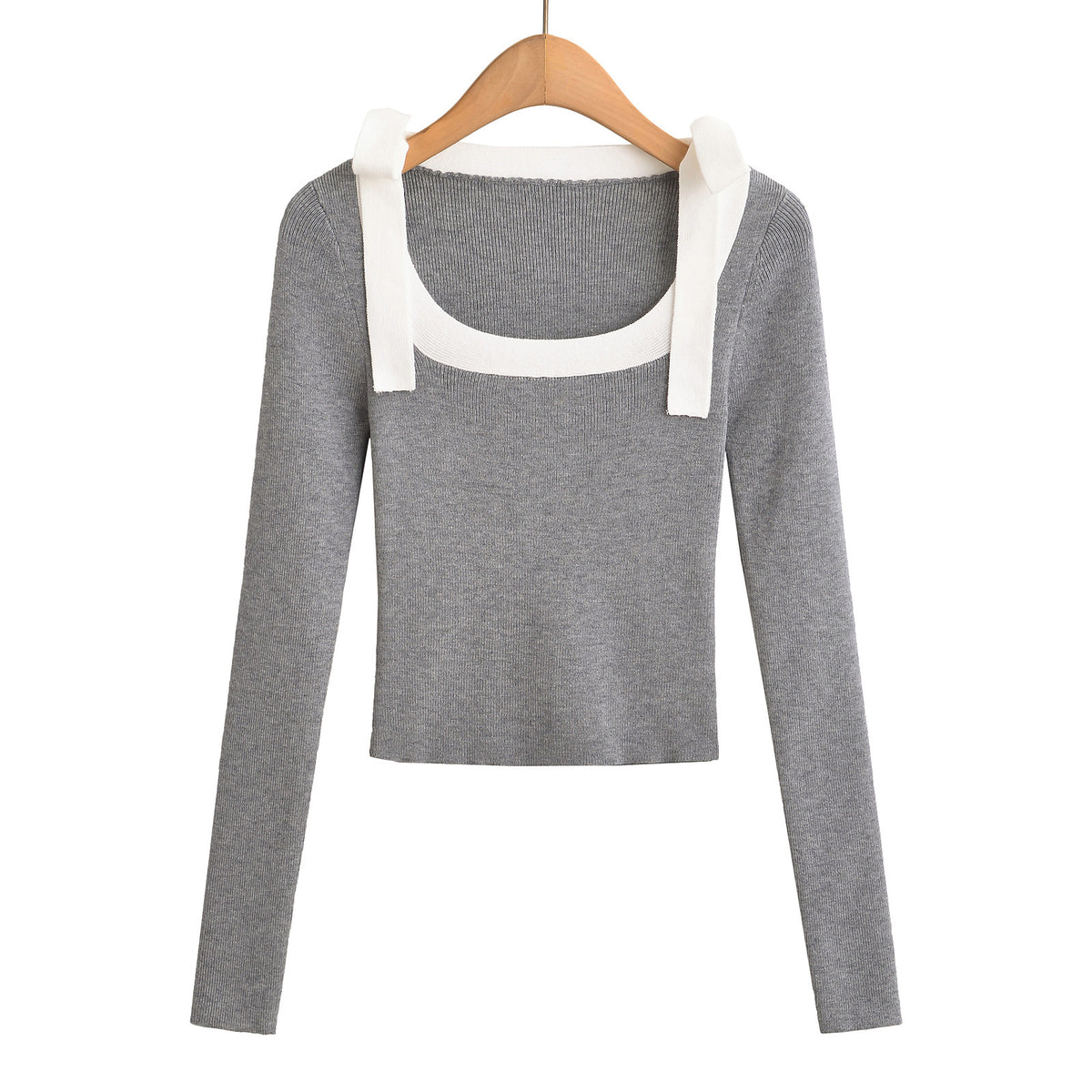 Square neck slim fit butterfly bow ribbon sweater