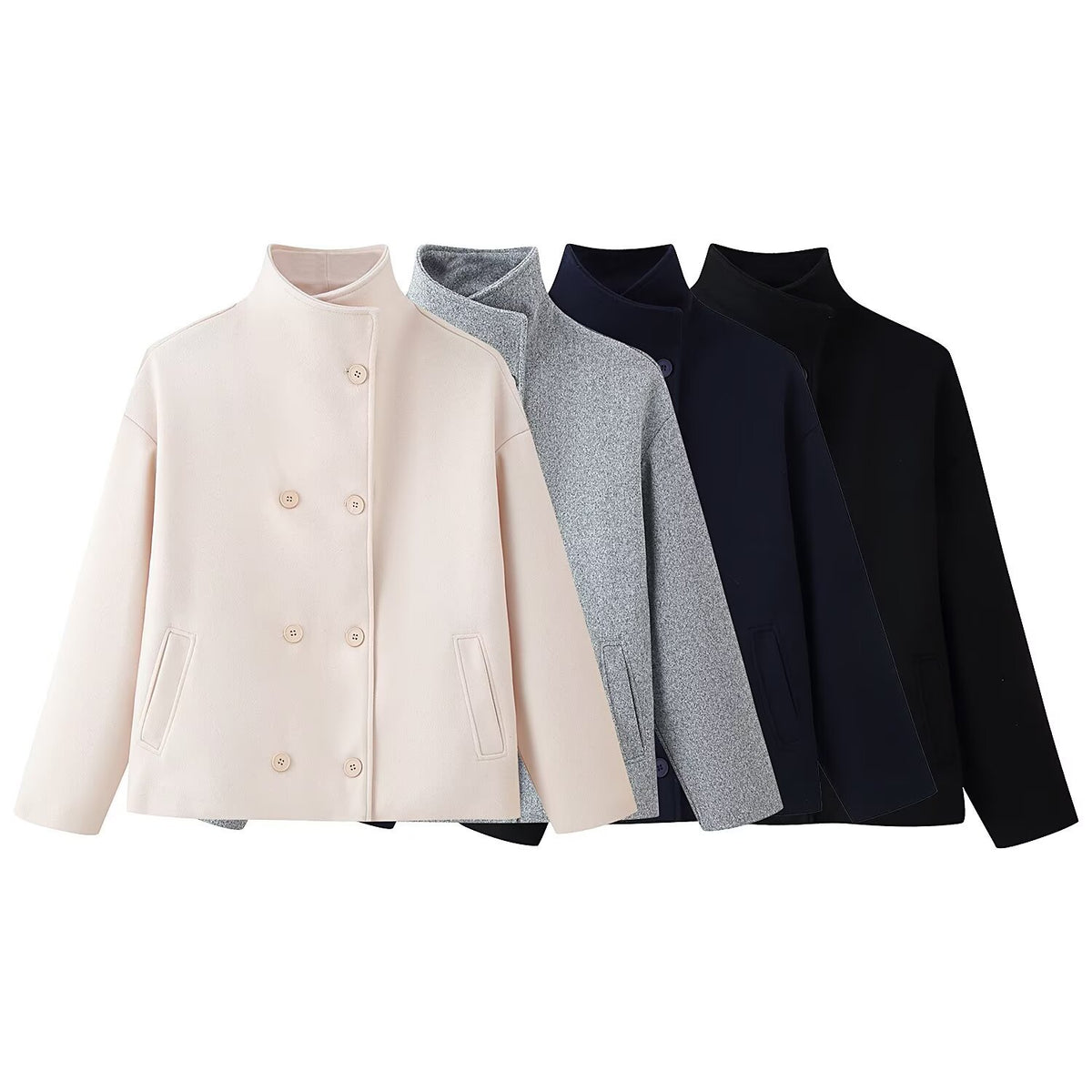 Stand up collar double breasted short woolen jacket
