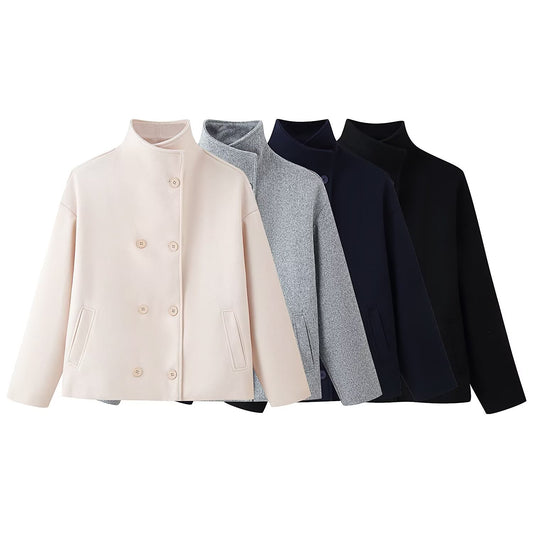 Stand up collar double breasted short woolen jacket