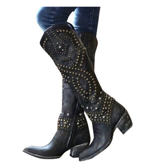 Bottes Rivetées Longues Talon Épais Mi-Haut Femme