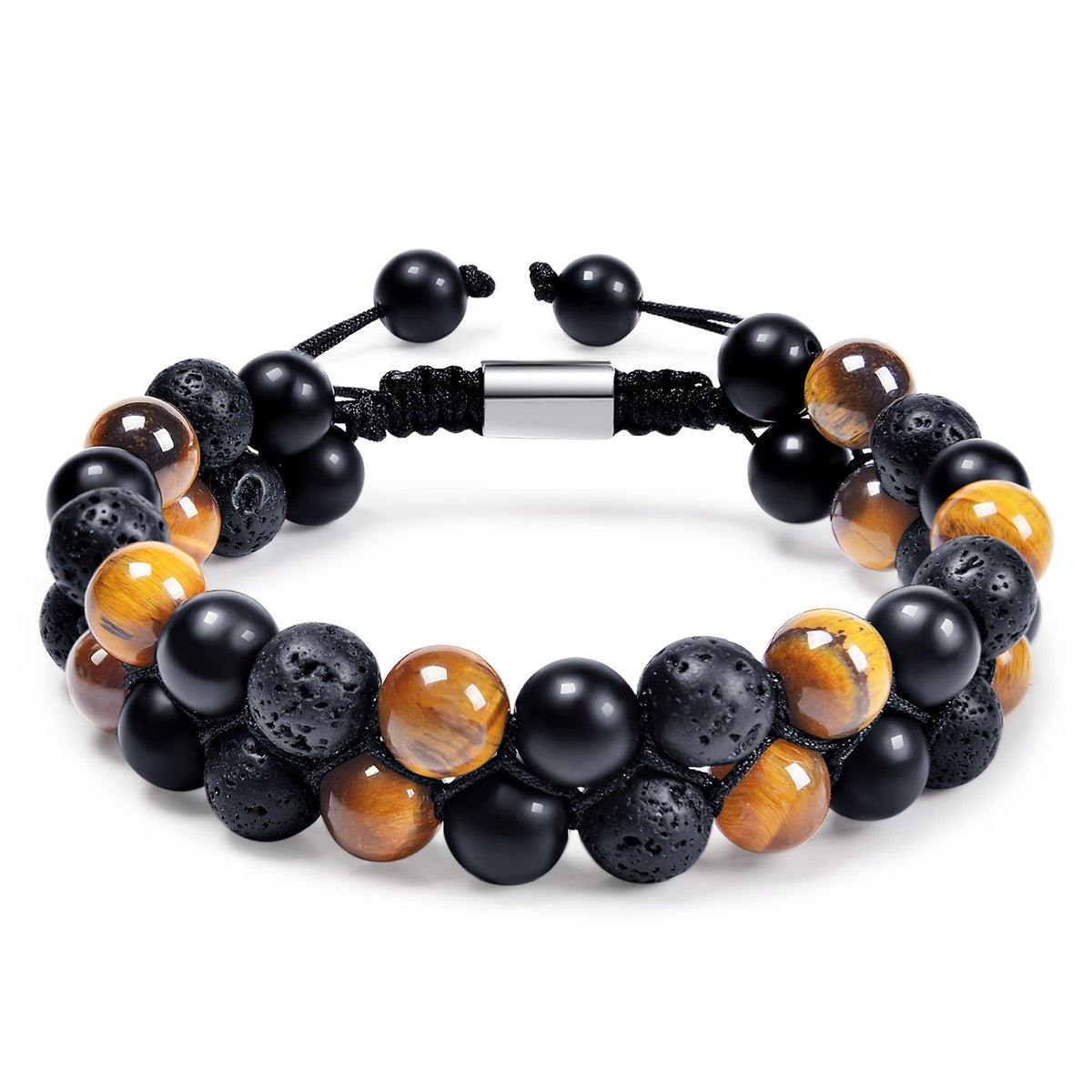 Bracelet Homme Yoga | Oeil de Tigre & Agate Noire | Magnétique Ajustable