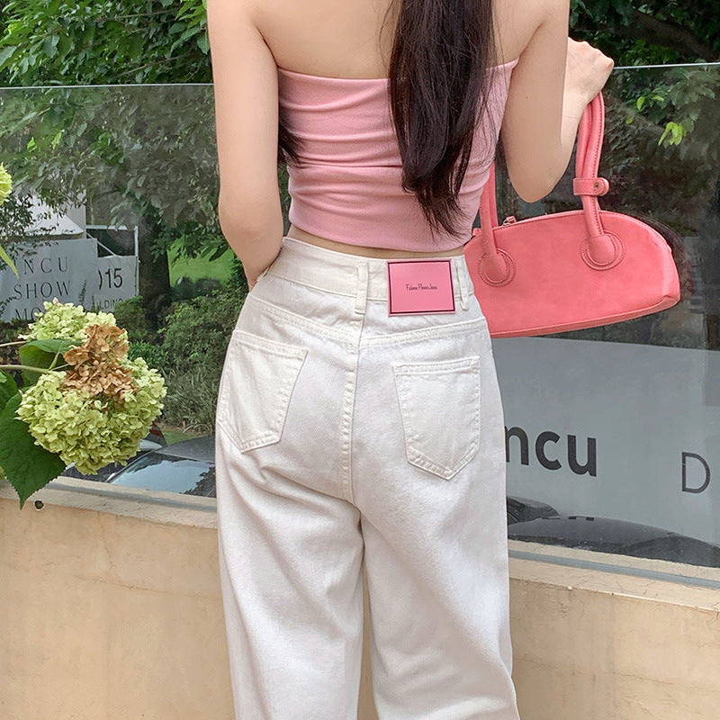 White Denim Pants Women High Waist Slim Straight Loose Tall Floor-Length Wide Leg Trousers