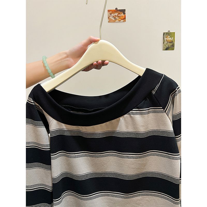 Chic Asymmetrical Shoulder Neckline Stripe Long Sleeve T-Shirt for Women, Black and Gray Striped Fashion Top with Unique Design, Casual Streetwear Style