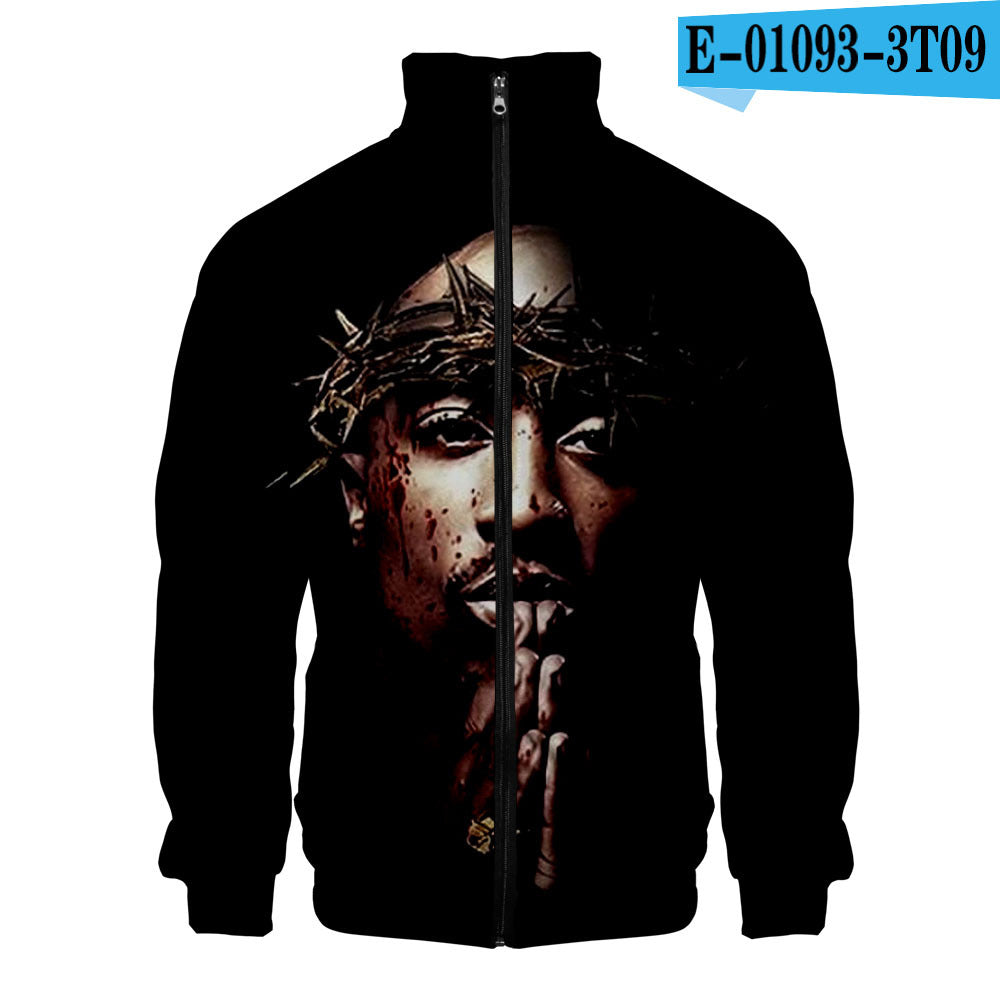 Rap singer 2PAC peripheral 3D color printed casual stand up collar sweatshirt