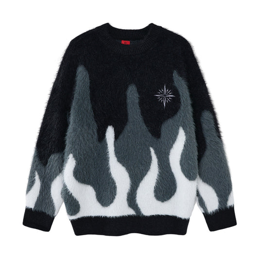 Color blocking patchwork faux mink fur round neck sweater