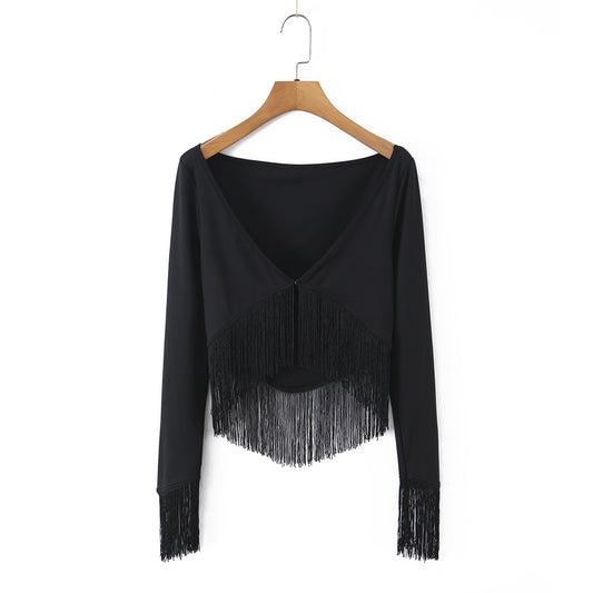 Vacation style high elasticity V-neck tassel top