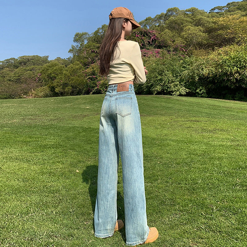Women's Narrow  Straight Leg Jeans Summer New High-Waist Elastic Wide-Leg Floor-Length Pants