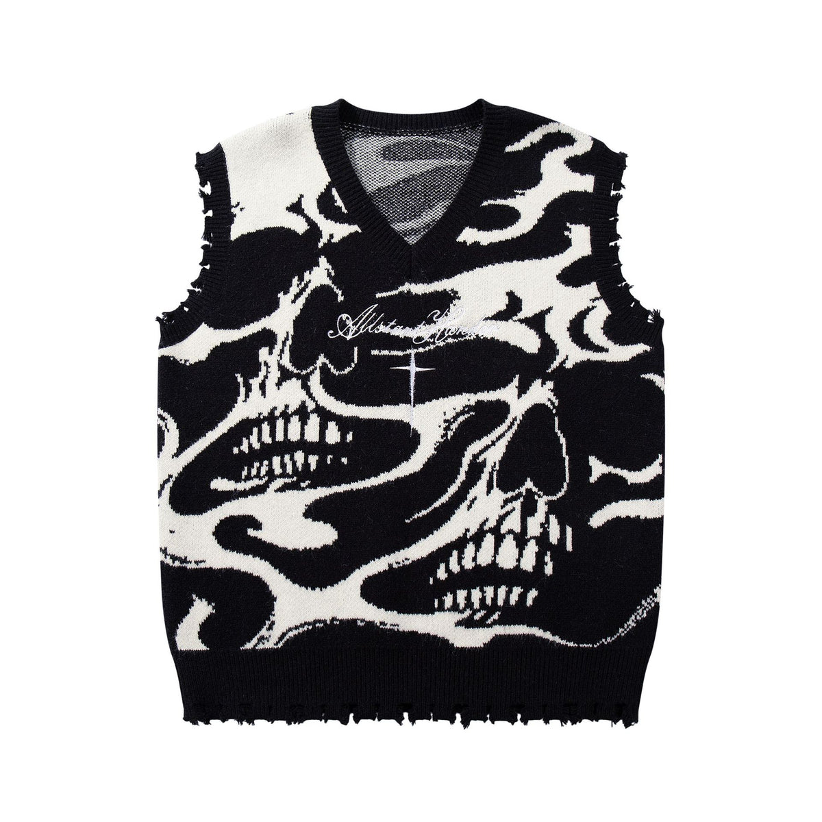 Dark skull cuts through sweater vest V-neck