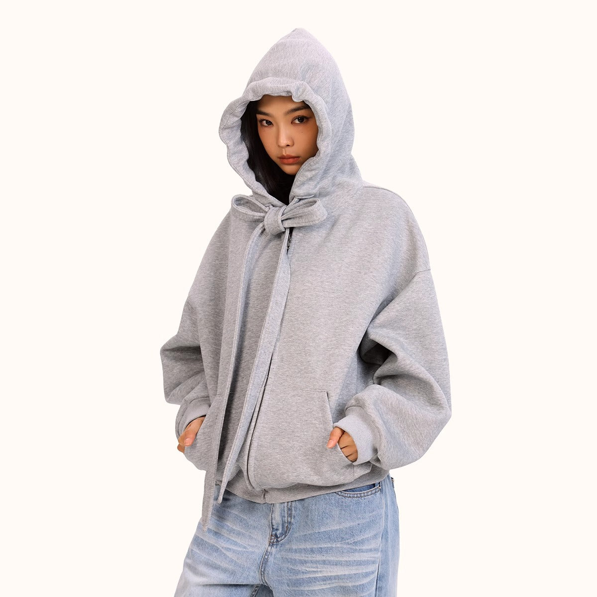 Style Tie-Bow Hooded Zip-Up Sweatshirt for Women, Casual Loose  Outerwear