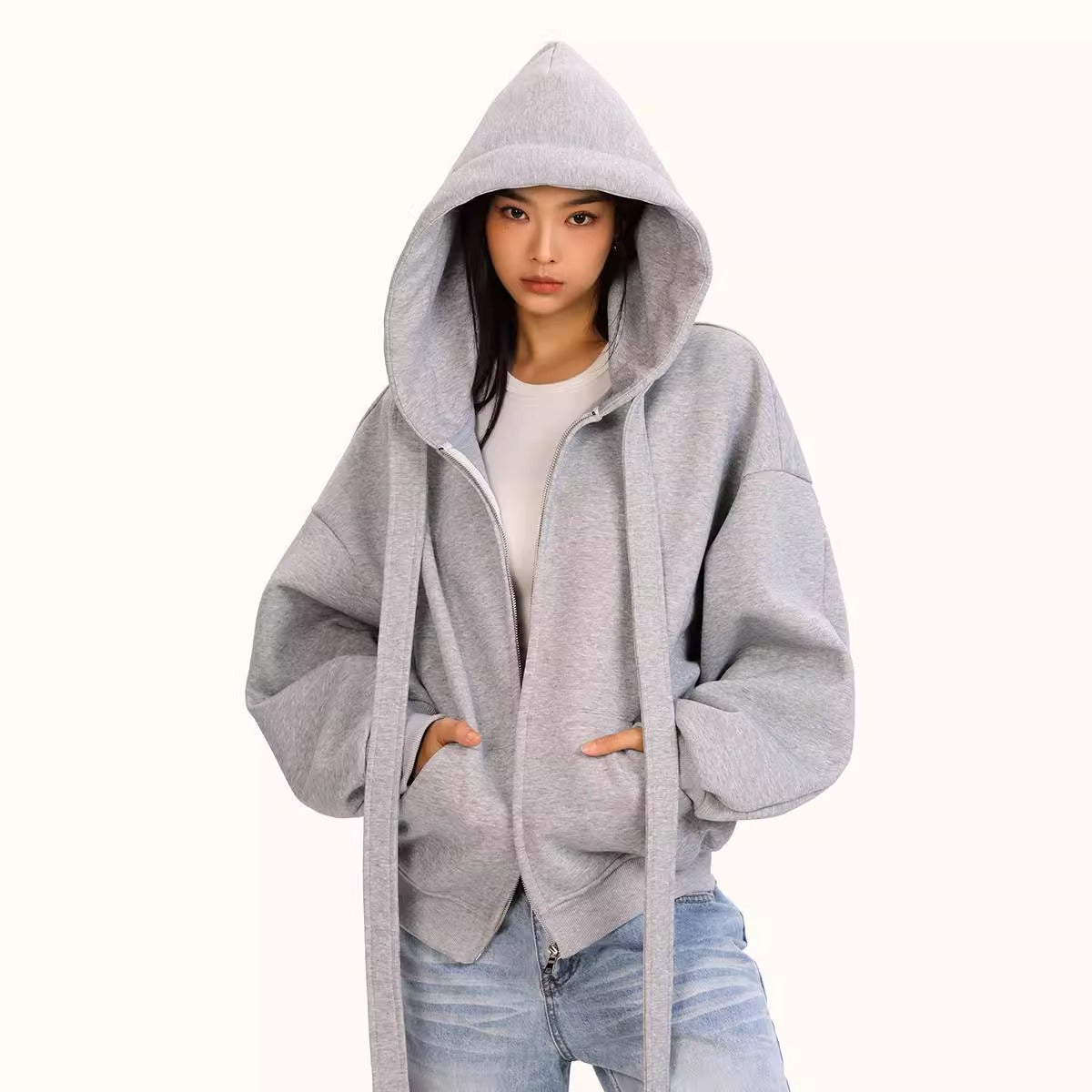 Style Tie-Bow Hooded Zip-Up Sweatshirt for Women, Casual Loose  Outerwear