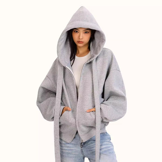 Style Tie-Bow Hooded Zip-Up Sweatshirt for Women, Casual Loose  Outerwear