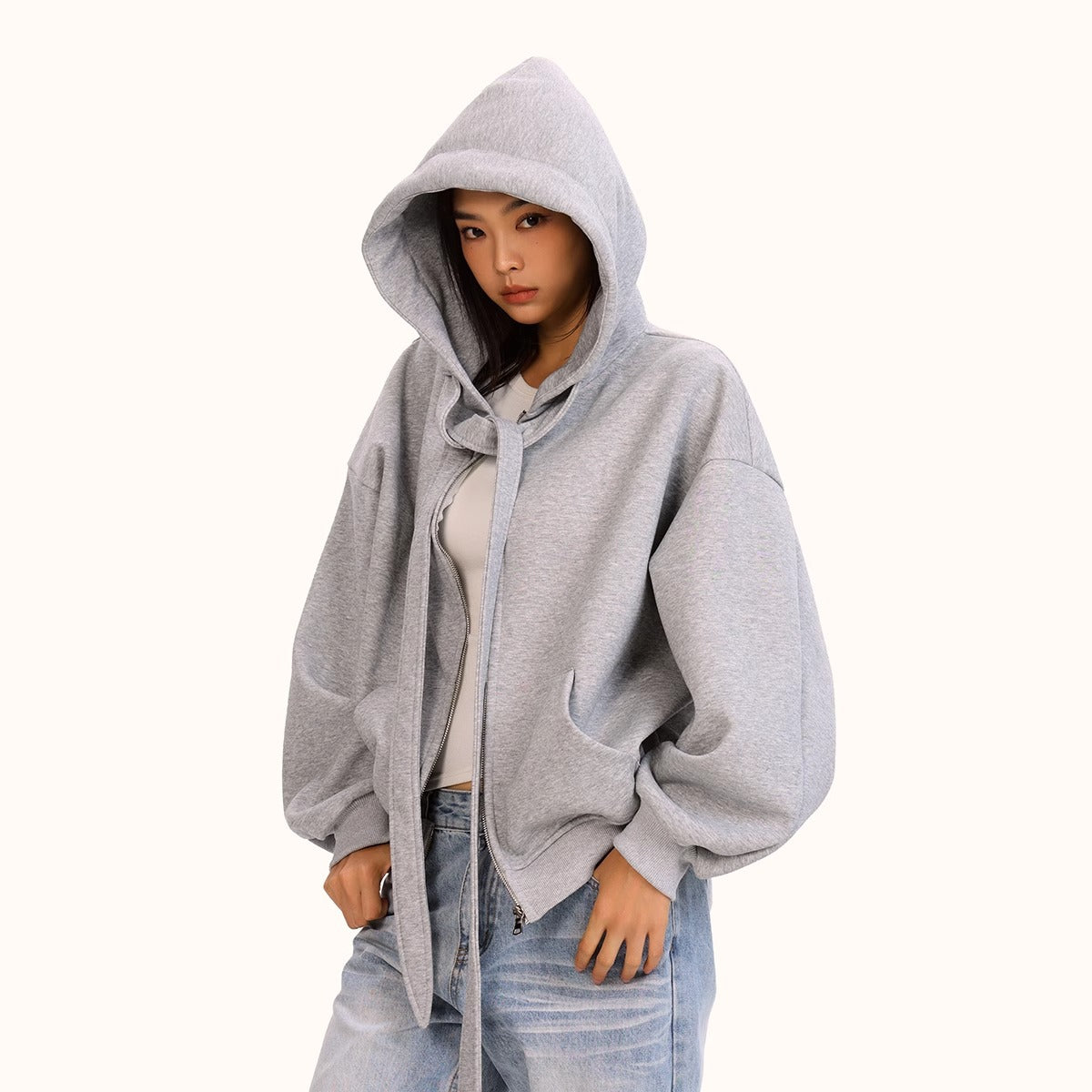 Style Tie-Bow Hooded Zip-Up Sweatshirt for Women, Casual Loose  Outerwear