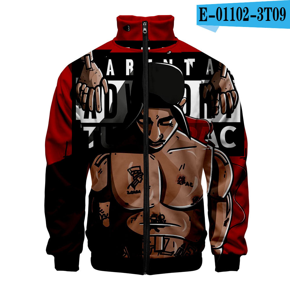 Rap singer 2PAC peripheral 3D color printed casual stand up collar sweatshirt