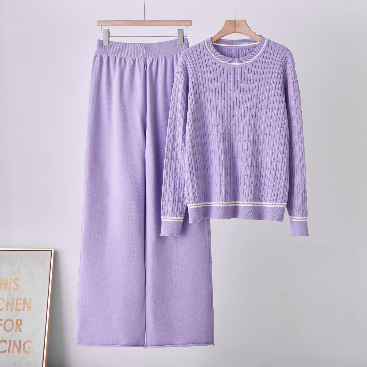 Chic Knit Two-Piece Set with Cable Knit Sweater, Round Neck, Long Sleeve Knit Top