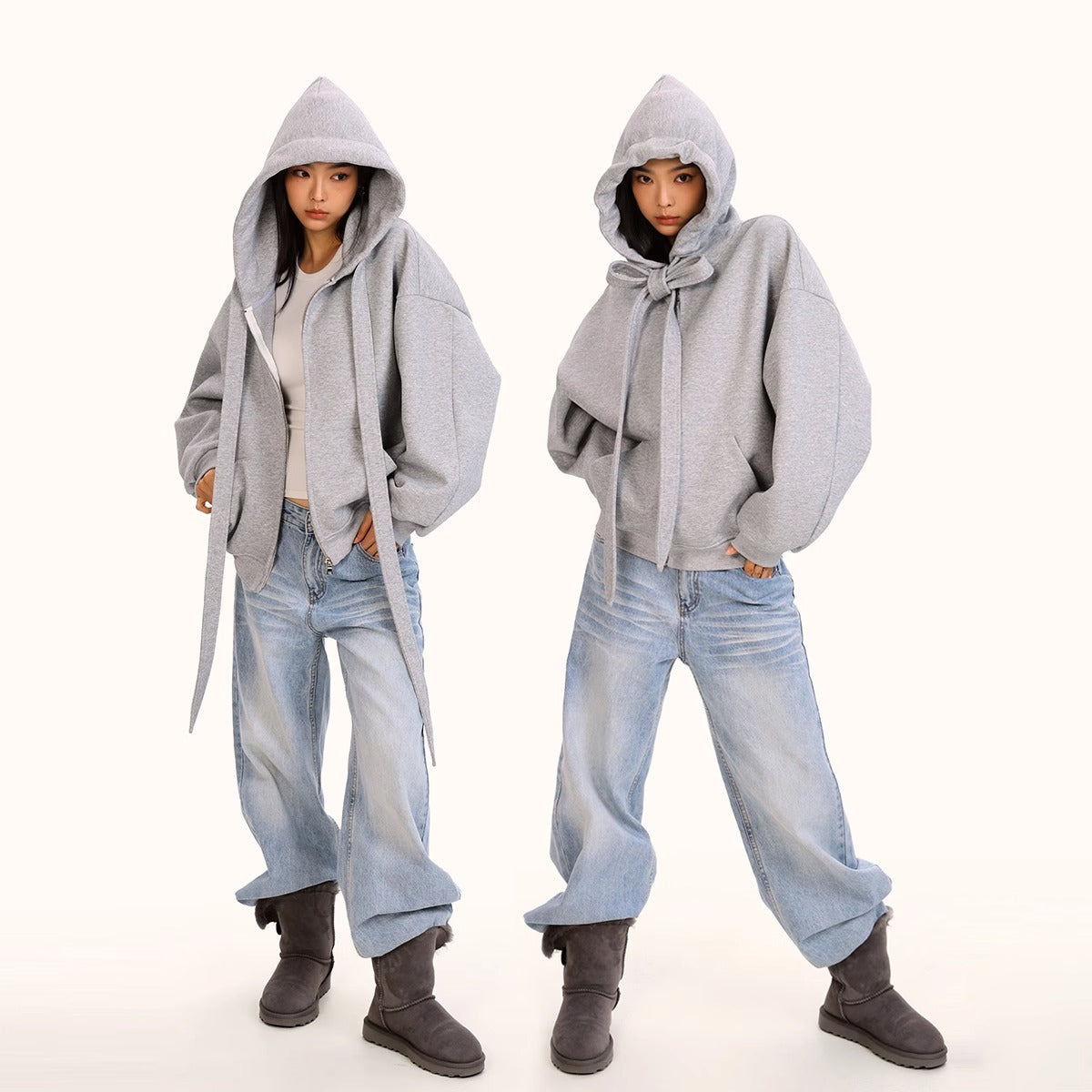 Style Tie-Bow Hooded Zip-Up Sweatshirt for Women, Casual Loose  Outerwear