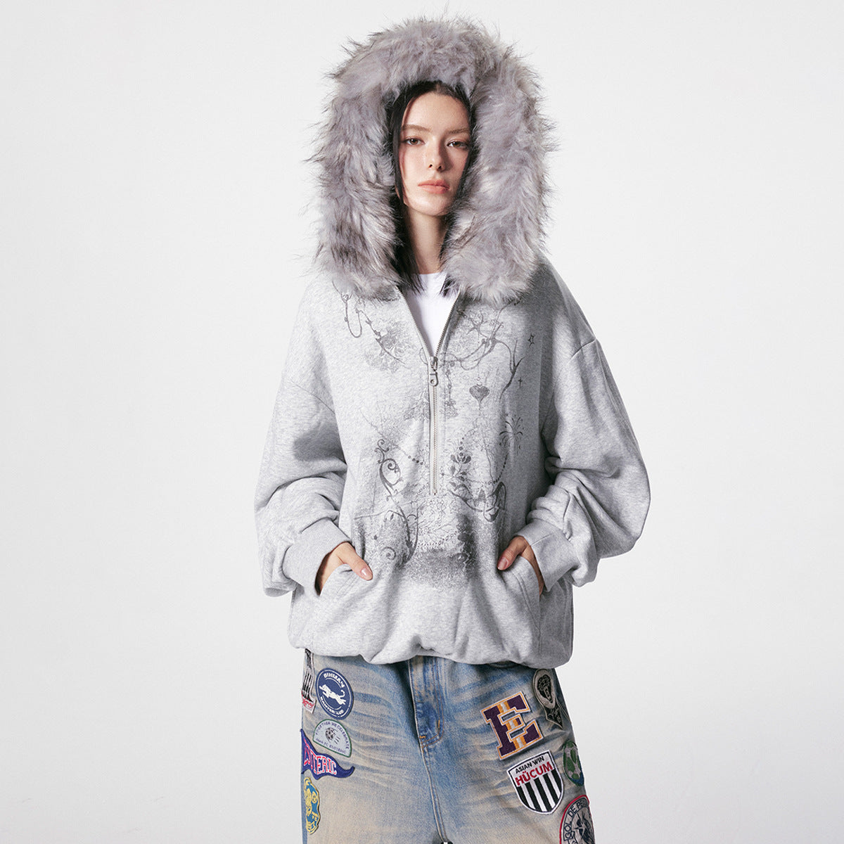Half open collar spliced zipper hoodie