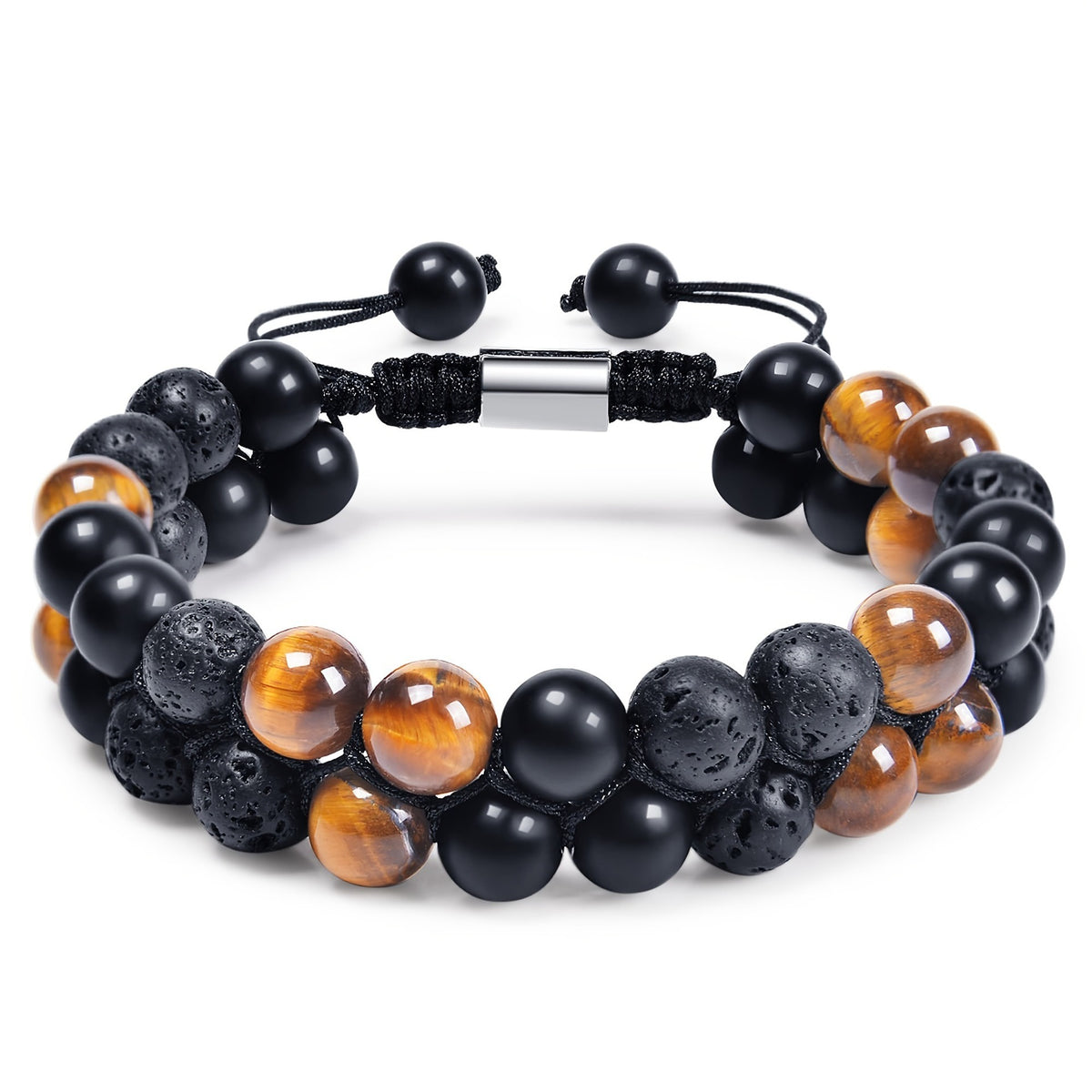Bracelet Homme Yoga | Oeil de Tigre & Agate Noire | Magnétique Ajustable