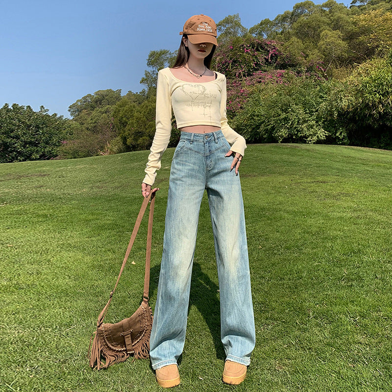 Women's Narrow  Straight Leg Jeans Summer New High-Waist Elastic Wide-Leg Floor-Length Pants