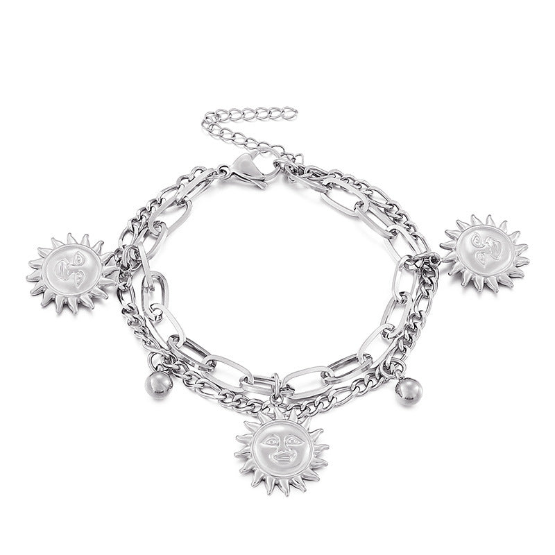 Fashion Bracelet ins Double Titanium Steel Bracelet Cold Style Men's and Women's Sun Pendant Bracelet