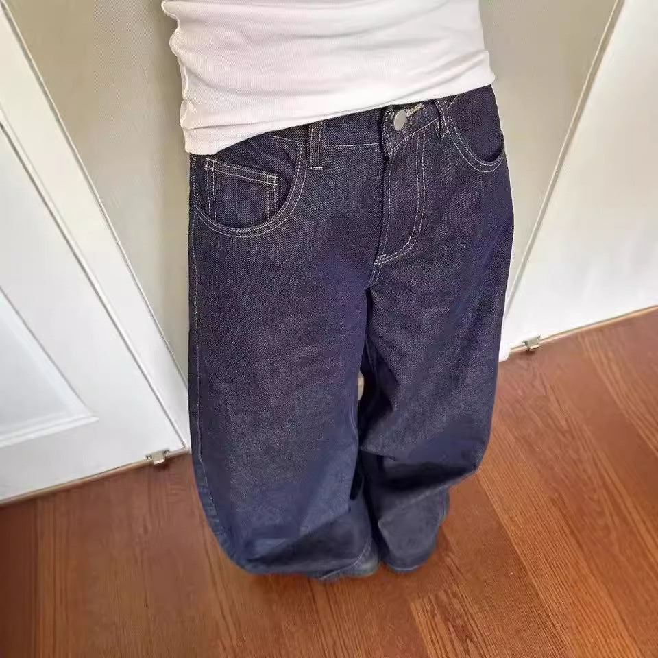 Vintage Deep Blue Wide Leg Jeans Women  Design Loose Straight Tapered Long Pants