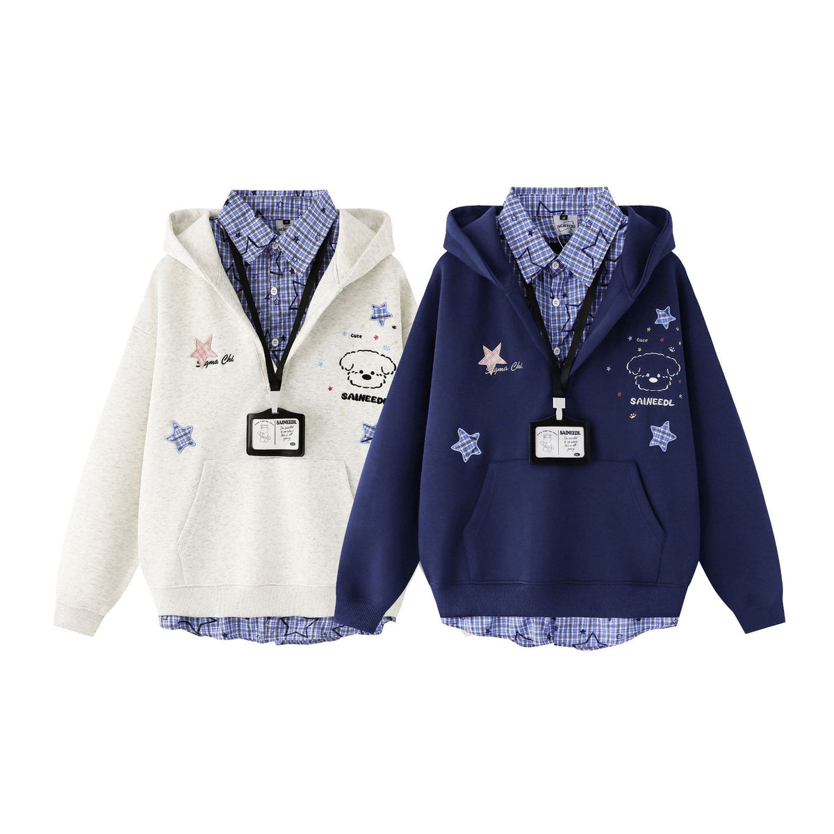Embroidery Plaid Patchwork Mock Two-Piece Loose Versatile Polo Neck Sweatshirt