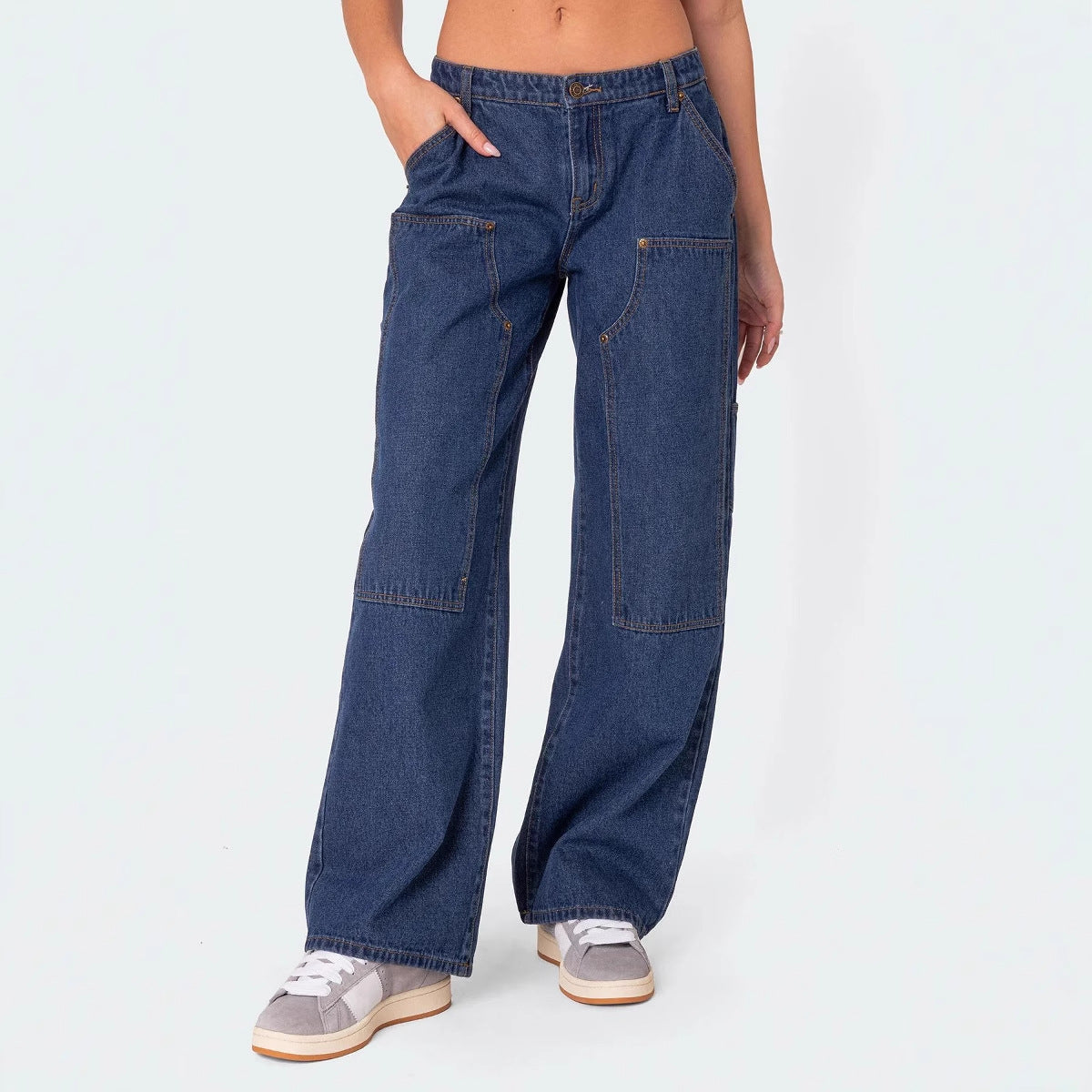 loose wide-leg oversized unique women's rivet double-knee flared cargo jeans casual straight-leg pants